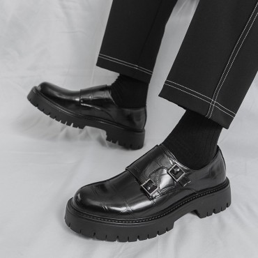 Men's Thick Bottom Horsebit Buckle Slip On Loafers Big Head Leather Shoes