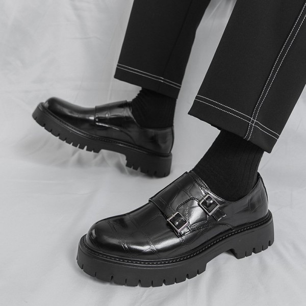Men's Thick Bottom Horsebit Buckle Slip On Loafers Big Head Leather Shoes